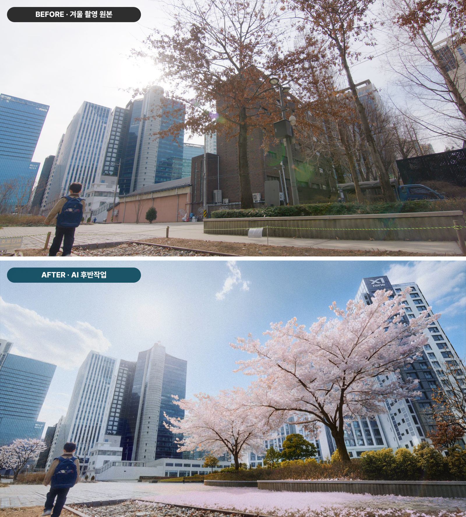 AI 후반작업 비포 애프터 - 겨울 하굣길이 벚꽃 만개한 봄 하굣길로, 하늘 교체 병행
